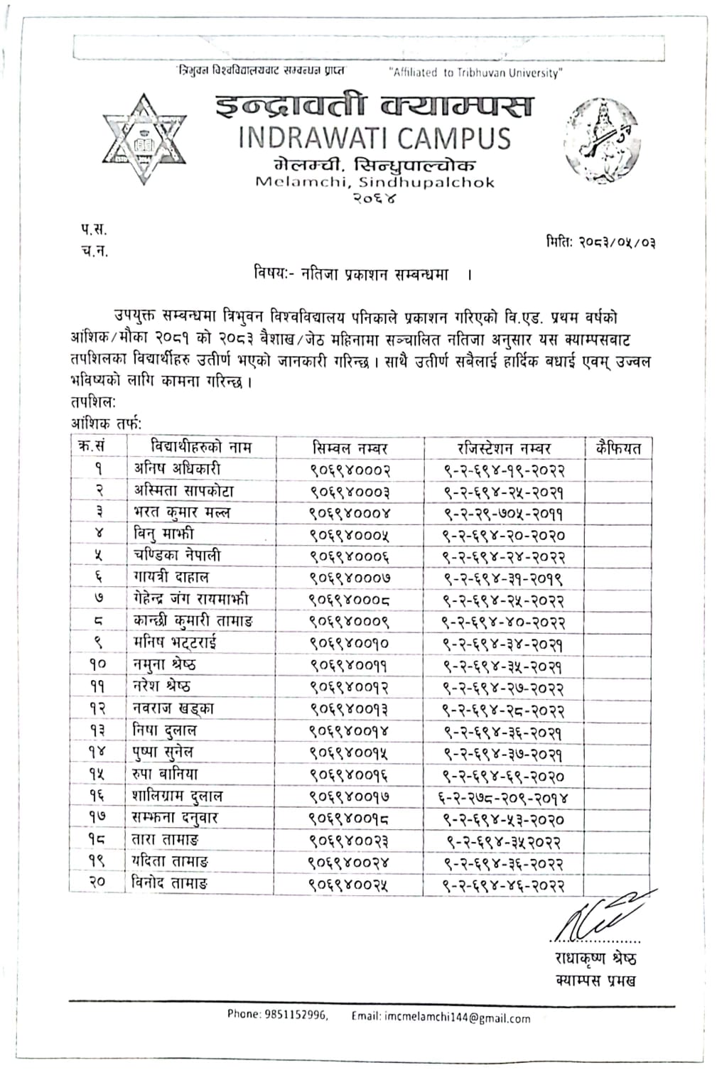 नतिजा प्रकाशन सम्बन्धमा